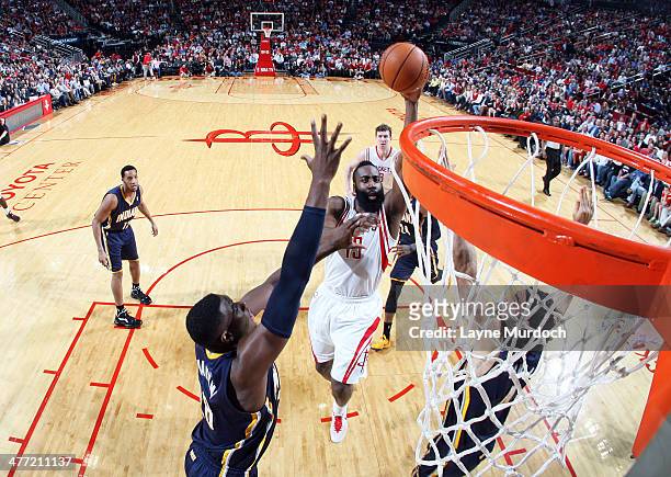 James Harden of the Houston Rockets goes up for the dunk against the Indiana Pacers on March 7, 2014 at the Toyota Center in Houston, Texas. NOTE TO...