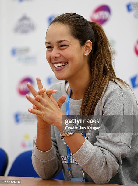 Defending Champion Ana Ivanovic of Serbia is interviewed on day one of the Aegon Classic at Edgbaston Priory Club on June 15, 2015 in Birmingham,...