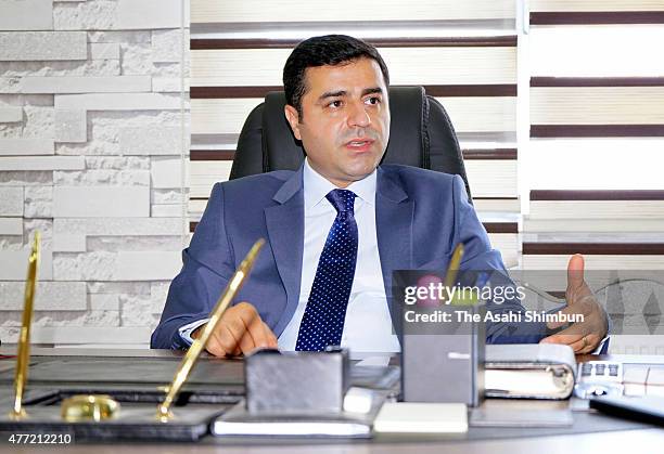 Turkish Peoples' Democratic Party Chairman Selahattin Demirtas speaks during the Asahi Shimbun interview on June 12, 2015 in Diyarbakir, Turkey.