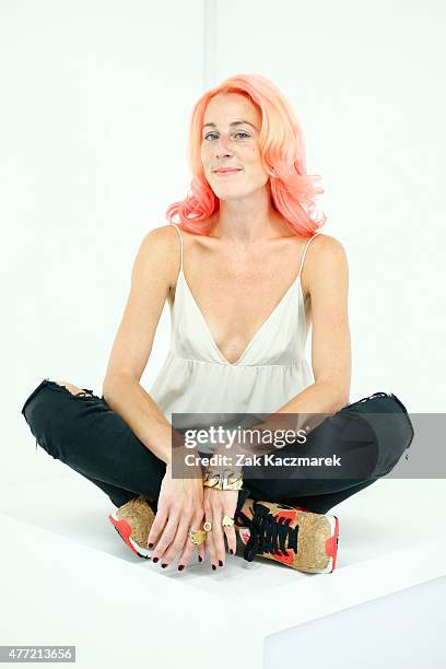 Designer Katie Eary backstage at the Katie Eary show during The London Collections Men SS16 at Victoria House on June 15, 2015 in London, England.