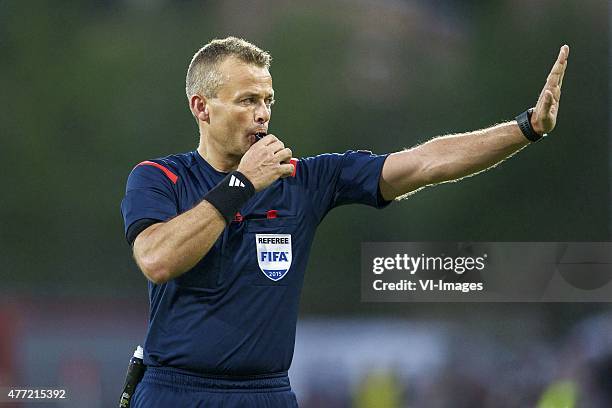 Referee Svein Oddvar Moen during the UEFA EURO 2016 qualifying match between Latvia and The Netherlands on June 12, 2015 at the Skonto stadium in...