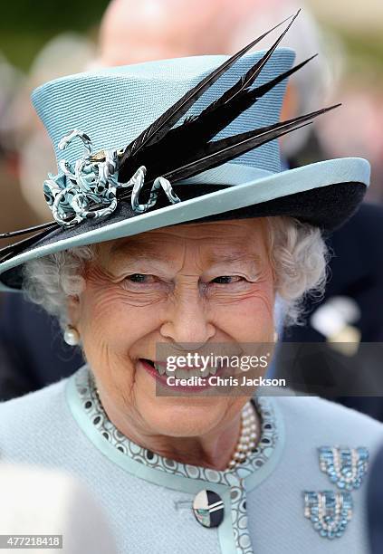 Queen Elizabeth II smiles at a Magna Carta 800th Anniversary Commemoration Event on June 15, 2015 in Runnymede, United Kingdom. Members of the Royal...