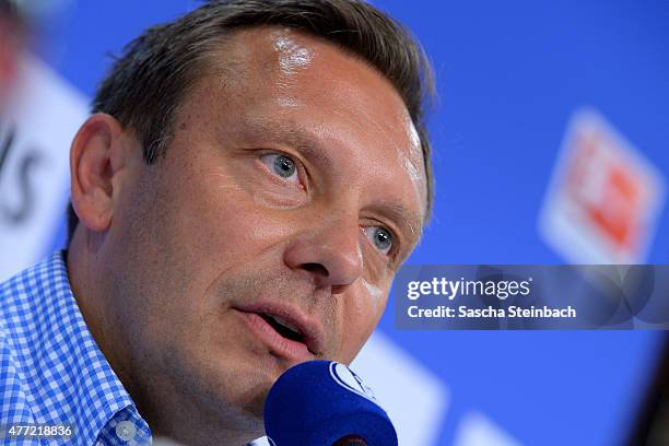 Andre Breitenreiter, the newly appointed head coach of FC Schalke 04, attends a press conference at Veltins Arena on June 15, 2015 in Gelsenkirchen,...