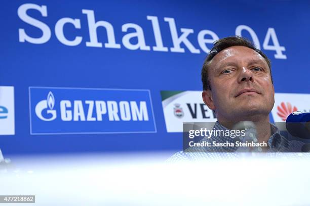 Andre Breitenreiter, the newly appointed head coach of FC Schalke 04, attends a press conference at Veltins Arena on June 15, 2015 in Gelsenkirchen,...