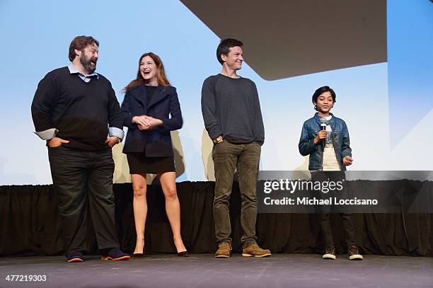 Screenwriter Andrew Dodge, actress Kathryn Hahn, actor/director Jason Bateman and actor Rohan Chand take part in a Q&A following the "Bad Words"...
