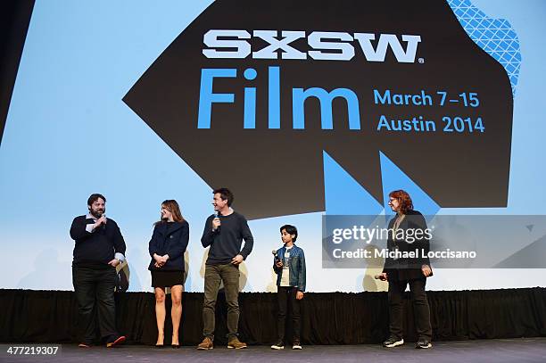 Screenwriter Andrew Dodge, actress Kathryn Hahn, actor/director Jason Bateman, actor Rohan Chand and Head of SXSW Film Janet Pierson take part in a...