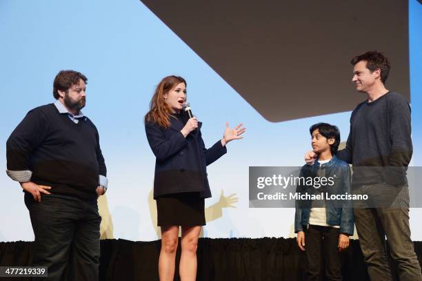 Screenwriter Andrew Dodge, actress Kathryn Hahn, actor Rohan Chand and actor/director Jason Bateman take part in a Q&A following the "Bad Words"...