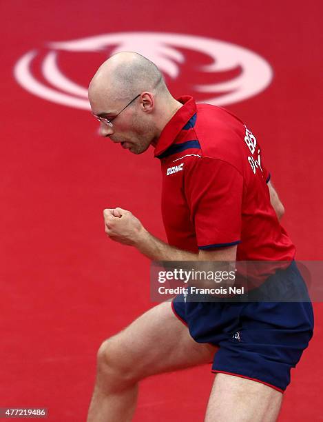 Daniel Habesohn of Austria competes in the Men's Team Table Tennis bronze medal match against Patrick Baum of Germany during day three of the Baku...