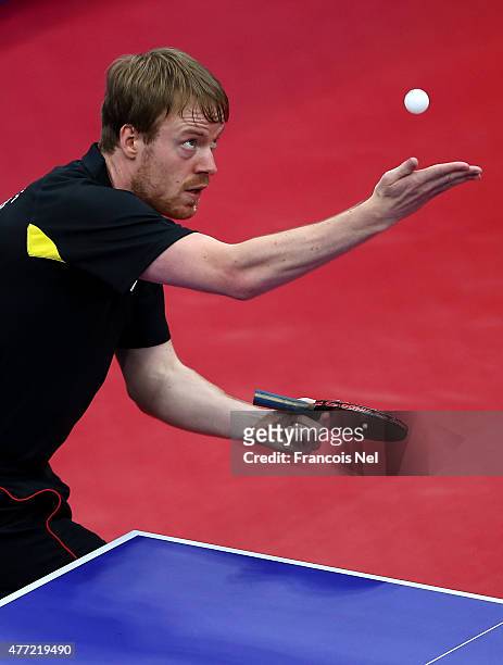 Patrick Baum of Germany competes in the Men's Team Table Tennis bronze medal match against Daniel Habesohn of Austria during day three of the Baku...