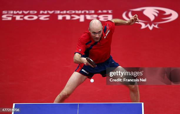 Daniel Habesohn of Austria competes in the Men's Team Table Tennis bronze medal match against Patrick Baum of Germany during day three of the Baku...