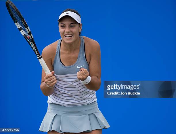 Ana Konjuh of Croatia celebrates match point in the women's singles final against Monica Niculescu of Romania on day eight of the WTA Aegon Open...