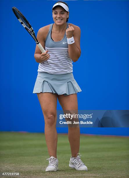 Ana Konjuh of Croatia celebrates match point in the women's singles final against Monica Niculescu of Romania on day eight of the WTA Aegon Open...