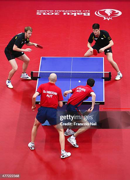 General view as Patrick Baum and Dimitrij Ovtcharov of Germany compete in the Men's Team Table Tennis bronze medal match against Stefan Fegerl and...