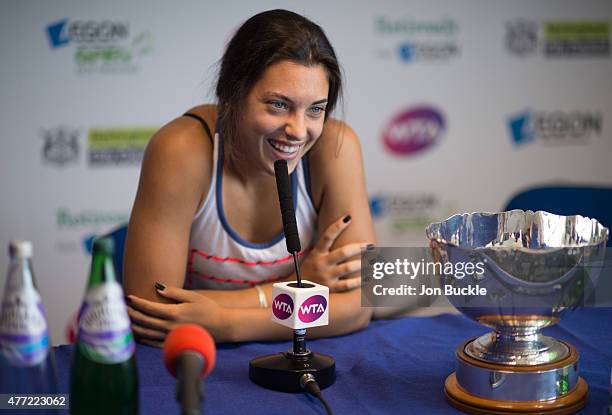 Ana Konjuh of Croatia attends press conference with the Elena Baltacha Trophy on day eight of the WTA Aegon Open Nottingham at Nottingham Tennis...