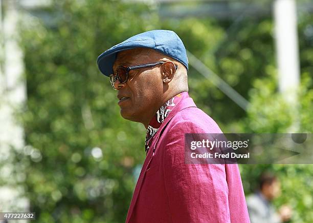 Samuel L Jackson arrives at Burberry Menswear Spring/Summer 2016 show at Kensington Gardens on June 15, 2015 in London, England.