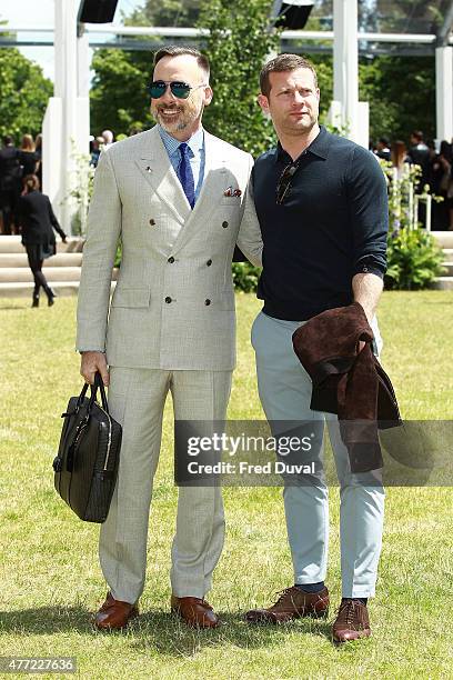 David Furnish and Dermot O'Leary arrive at Burberry Menswear Spring/Summer 2016 show at Kensington Gardens on June 15, 2015 in London, England.