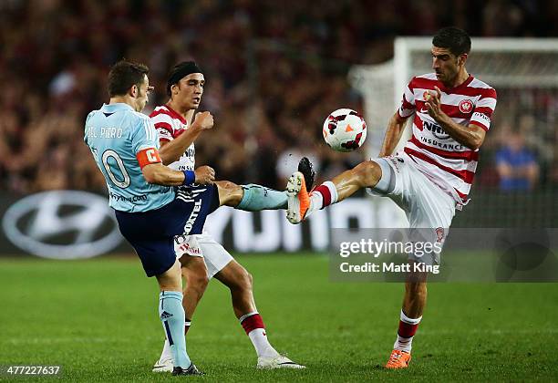 Alessandro Del Piero of Sydney FC competes with Iacopo La Rocca of the Wanderers during the round 22 A-League match between Sydney FC and the Western...