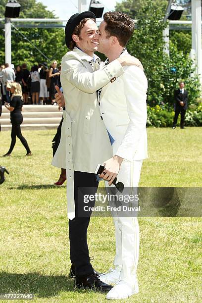 Sam Claflin and Nick Grimshaw arrive at Burberry Menswear Spring/Summer 2016 show at Kensington Gardens on June 15, 2015 in London, England.