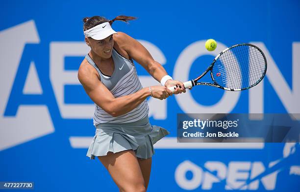 Ana Konjuh of Croatia returns a shot during her match against Monica Niculescu of Romania at Nottingham Tennis Centre on June 15, 2015 in Nottingham,...