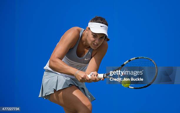 Ana Konjuh of Croatia returns a shot during her match against Monica Niculescu of Romania at Nottingham Tennis Centre on June 15, 2015 in Nottingham,...