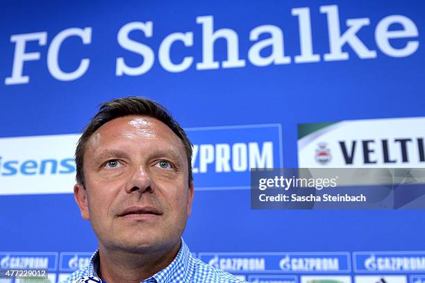 Andre Breitenreiter, the newly appointed head coach of FC Schalke 04, attends a press conference at Veltins Arena on June 15, 2015 in Gelsenkirchen,...