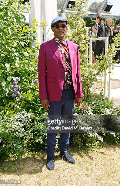Samuel L. Jackson arrives at the Burberry Menswear Spring/Summer 2016 show at Kensington Gardens on June 15, 2015 in London, England.