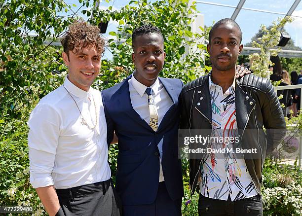 Mikky Ekko, Jamal Edwards and Emmanuel Ezugwu arrive at the Burberry Menswear Spring/Summer 2016 show at Kensington Gardens on June 15, 2015 in...