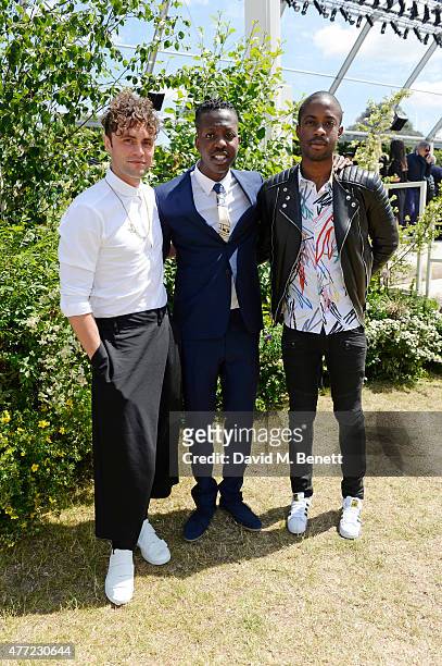 Mikky Ekko, Jamal Edwards and Emmanuel Ezugwu arrive at the Burberry Menswear Spring/Summer 2016 show at Kensington Gardens on June 15, 2015 in...