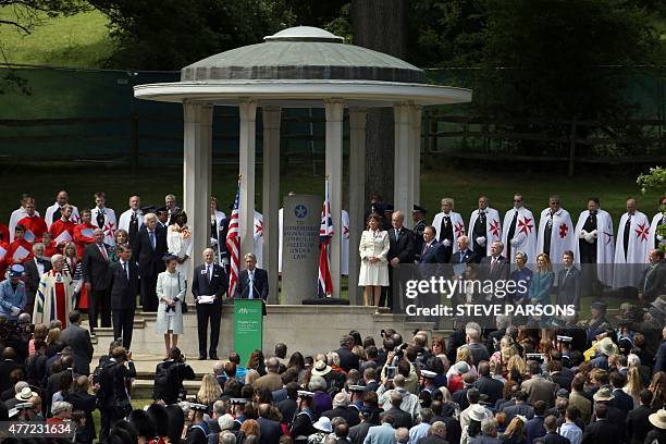 British Foreign Secretary and MP for Runneymede, Phillip Hammond , speaks in front of the Magna Carta memorial during a service to mark the 800th...