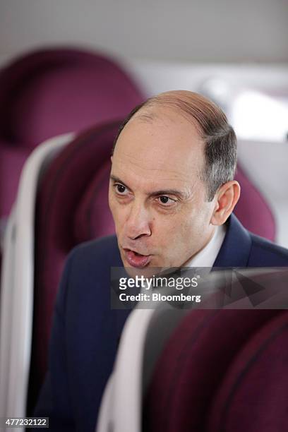 Akbar Al Baker, chief executive officer of Qatar Airways Ltd., speaks during a Bloomberg Television interview aboard an Airbus SAS A350 aircraft on...