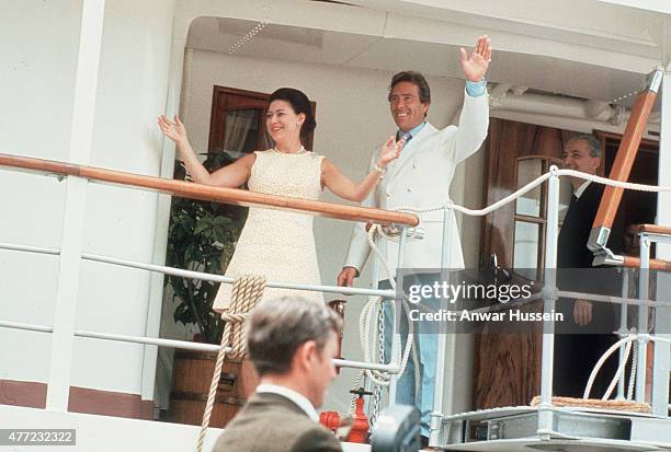 Princess Margaret, Countess of Snowdon and her husband Antony Armstrong-Jones wave from the deck on the Royal Yacht Britannia during their 6-week...
