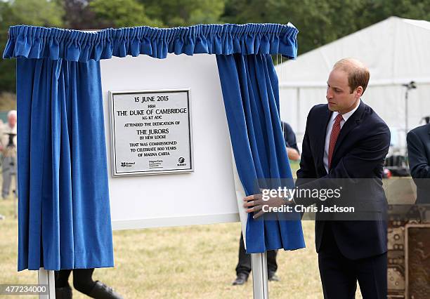 Prince William, Duke of Cambridge unveils a plaque at a Magna Carta 800th Anniversary Commemoration Event on June 15, 2015 in Runnymede, United...