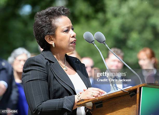 Attorney General of the United States Loretta Lynch talks at a Magna Carta 800th Anniversary Commemoration Event on June 15, 2015 in Runnymede,...