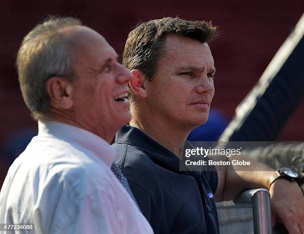 Boston Red Sox President and CEO Larry Lucchino and Red Sox Executive Vice President and General Manager Ben Cherington on the field before today's...