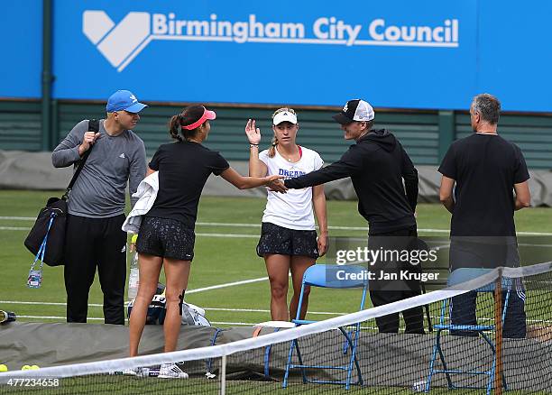 Bastian Schweinsteiger chats with girlfriend Ana Ivanovic of Serbia during a practise session on day one of the Aegon Classic at Edgbaston Priory...