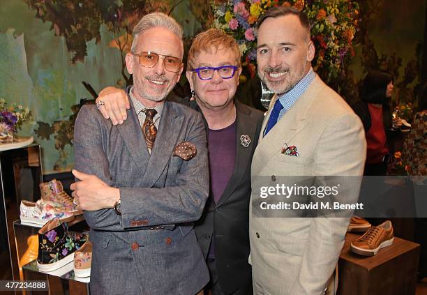 Patrick Cox, Sir Elton John and David Furnish attend the LATHBRIDGE by Patrick Cox presentation and official launch during London Collections Men...