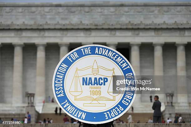 Logo is seen for the National Association for the Advancement of Colored People as NAACP President and CEO Cornell William Brooks speaks during a...