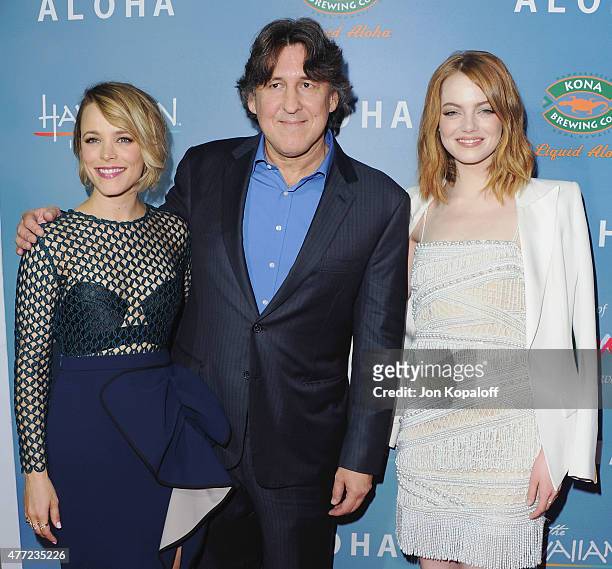 Actress Rachel McAdams, director Cameron Crowe and actress Emma Stone arrive at the Los Angeles Premiere "Aloha" at The London West Hollywood on May...