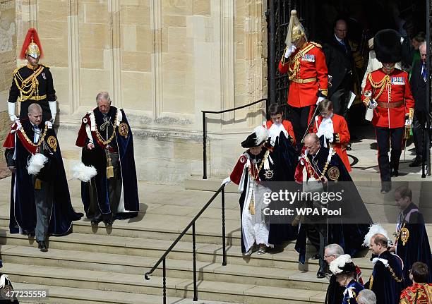 Prince Andrew, Duke of York, Prince Charles, Prince of Wales, Queen Elizabeth II and Prince Philip, Duke of Edinburgh leave after the Order of the...