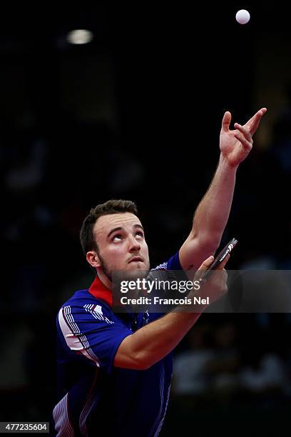 Simon Gauzy of France competes against Marcos Freitas of Portugal in the Mens Table Tennis Team Final during day three of the Baku 2015 European...