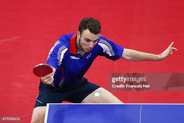 Simon Gauzy of France competes against Marcos Freitas of Portugal in the Mens Table Tennis Team Final during day three of the Baku 2015 European...