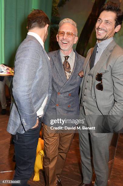 Paul Sculfor, Patrick Cox and David Gandy attend the LATHBRIDGE by Patrick Cox presentation and official launch during London Collections Men SS16 at...