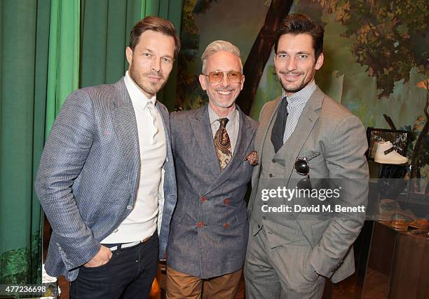 Paul Sculfor, Patrick Cox and David Gandy attend the LATHBRIDGE by Patrick Cox presentation and official launch during London Collections Men SS16 at...