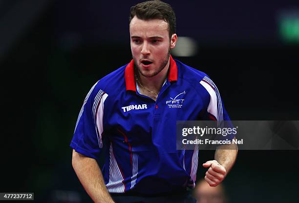 Simon Gauzy of France reacts whilst competing against Marcos Freitas of Portugal in the Mens Table Tennis Team Final during day three of the Baku...