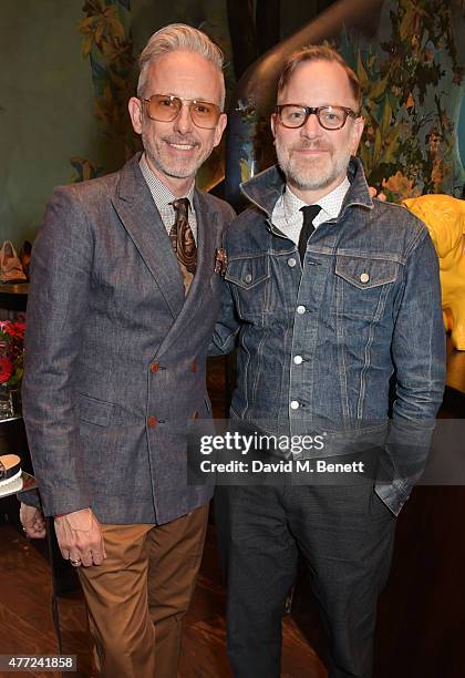 Patrick Cox and Bruce Pask attend the LATHBRIDGE by Patrick Cox presentation and official launch during London Collections Men SS16 at Sketch on June...