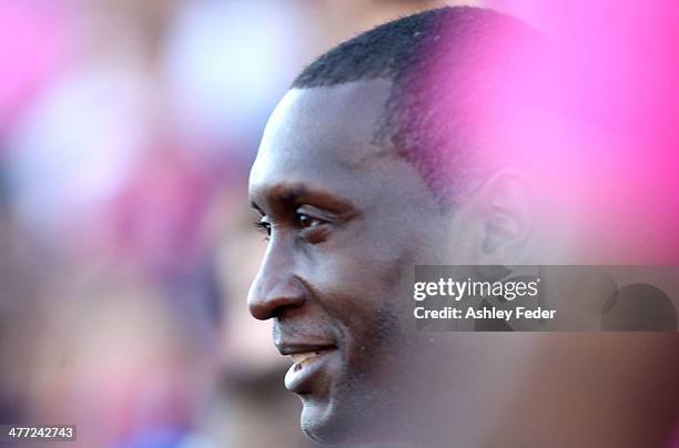 Emile Heskey of the Jets walks onto the ground during the round 22 A-League match between the Newcastle Jets and Melbourne Heart at Hunter Stadium on...