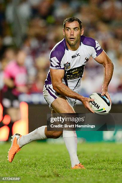 Cameron Smith of the Storm looks to pass the ball during the round one NRL match between the Manly Sea Eagles and the Melbourne Storm at Brookvale...