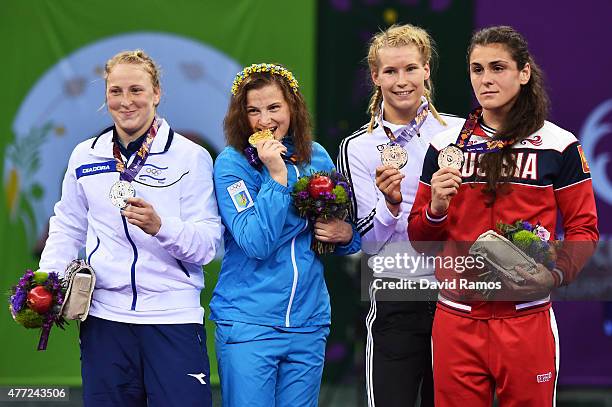 Silver medalist Ilana Kratysh of Israel, gold medalist Alina Stadnik Makhynia of Ukraine, bronze medalist Aline Focken of Germany and bronze medalist...