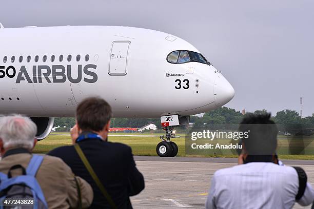 An Airbus A350 Aircraft prepares for aerial display during the 51st international Paris Air Show at Le Bourget, near Paris, France on June 15, 2015.