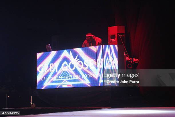 Dj Irie spins during the Carolina Herrera Fashion Show with GREY GOOSE Vodka at the Cadillac Championship at Trump National Doral on March 7, 2014 in...